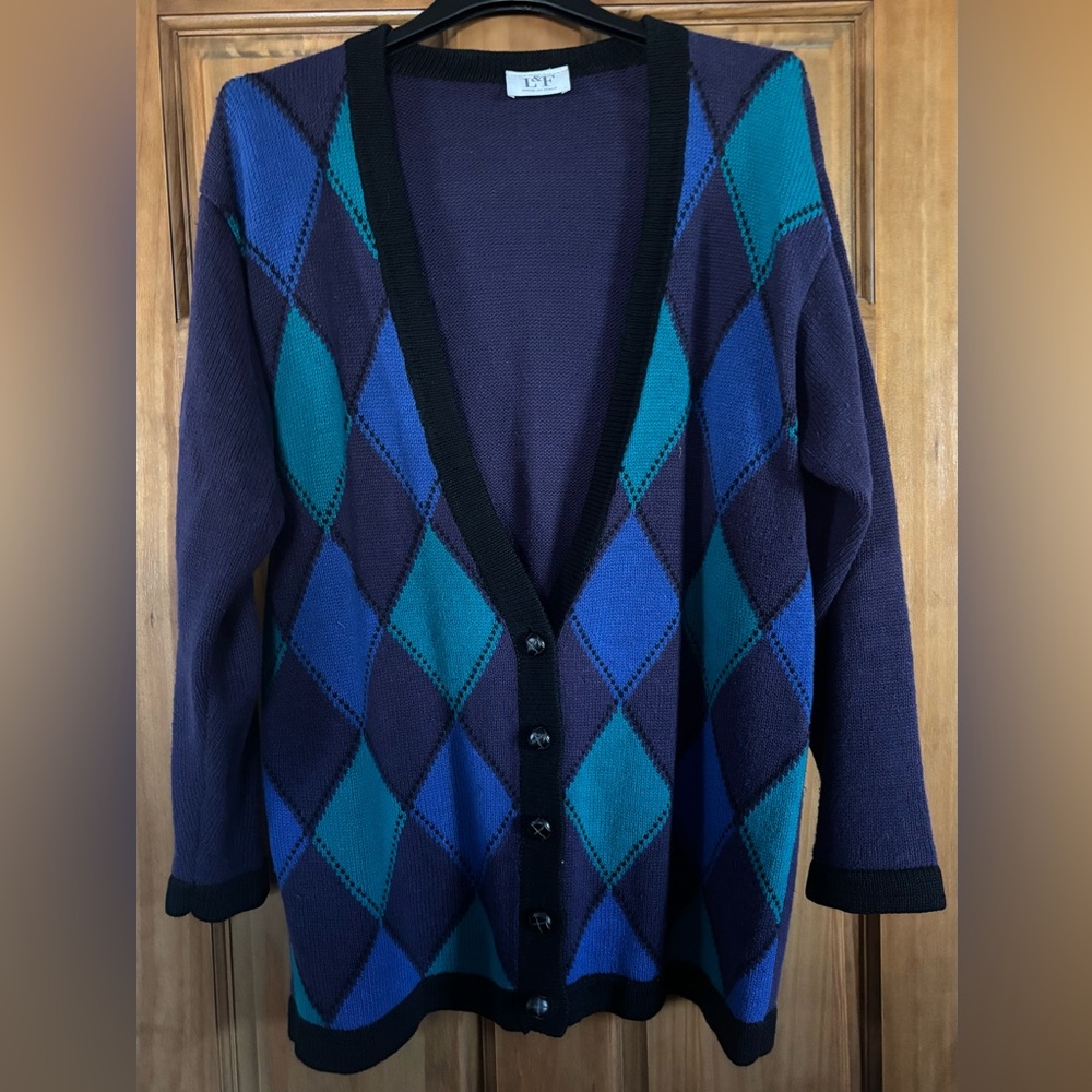 Vintage Argyle Cardigan Sweater - Blue and Purple